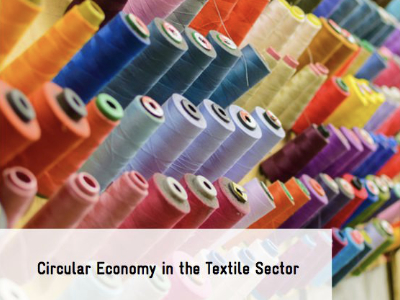 Circular Economy in Textile Sektor titel, Garn im Hintergrund
